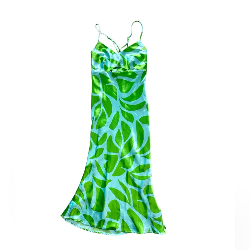 House Of Harlow Satin Spaghetti Maxi Abstract Blue and Green Print Dress, Size M